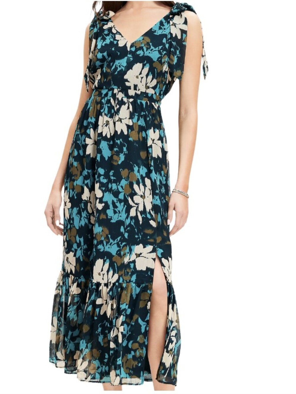 NWT LOFT Beige/Teal Floral Ruffle with Shoulder-Ties Dress